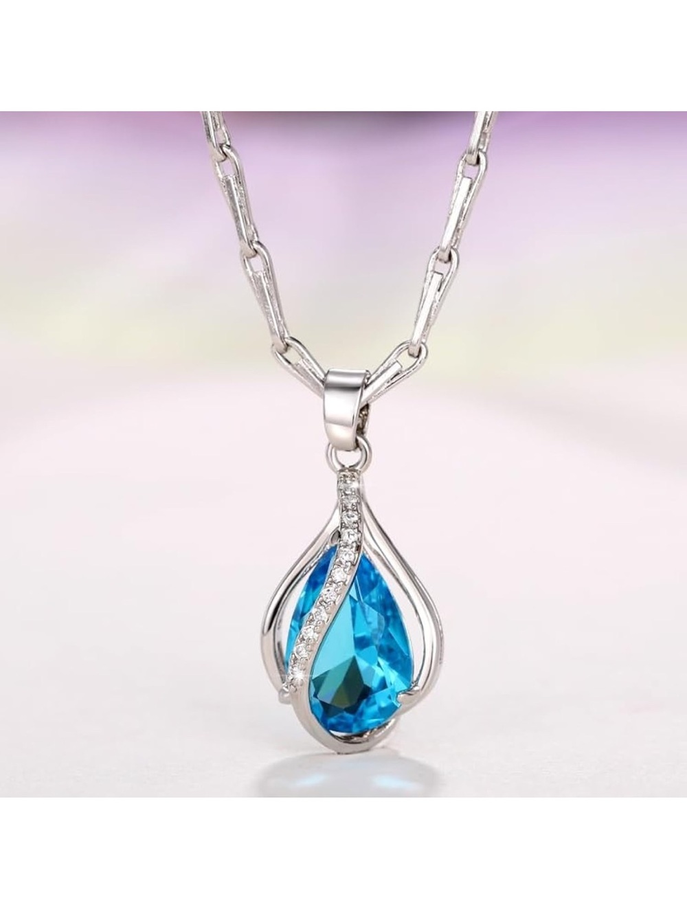 Romantic Blue Teardrop Pendant Necklace - Silvertone B65 - Picture 4 of 7